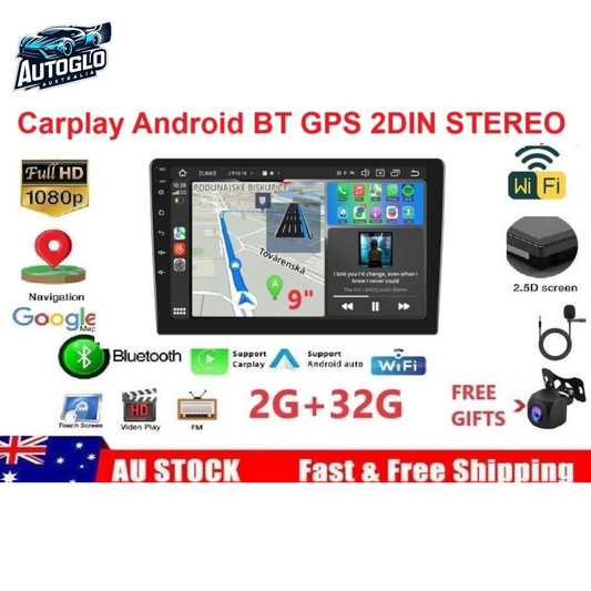 Autoglo Australia 9" Double DIN CarPlay Android Stereo GPS BT WiFi 2G+32G + Camera Mic - GIFTs