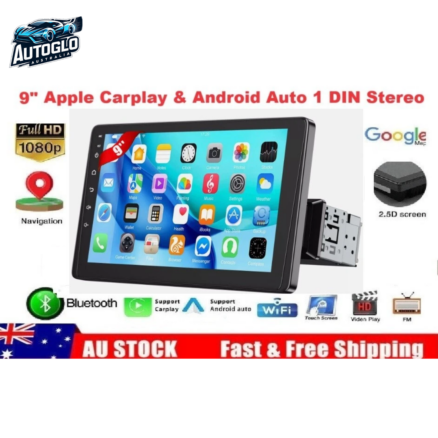 Autoglo Australia 9" Single 1 DIN Car Stereo Radio Wireless CarPlay/Android Auto AUX USB Head Unit
