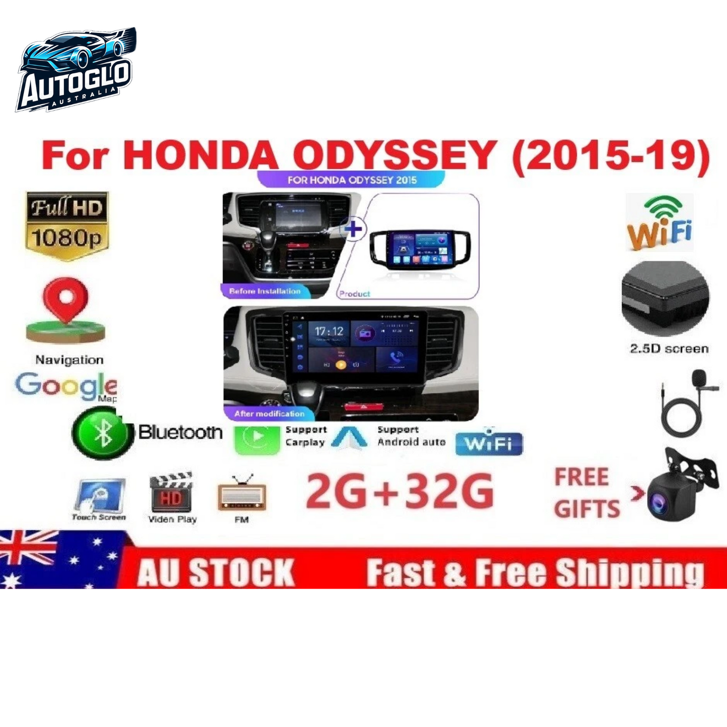 Autoglo Australia 10.1" Android 13 Carplay GPS BT Stereo for HONDA ODYSSEY 2015-19 (2GB+32G)