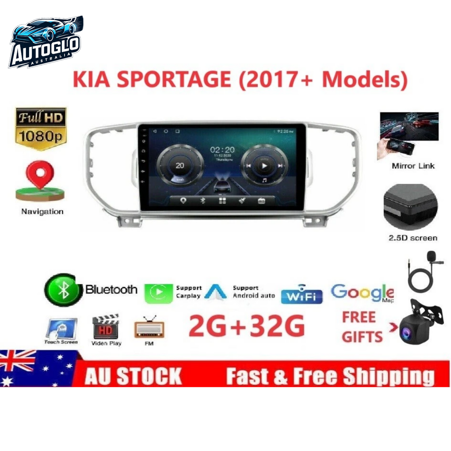 Autoglo Australia 9" (2G+32G) GPS BT WiFi Carplay Android 13 Stereo For KIA SPORTAGE F2 (2016-19)