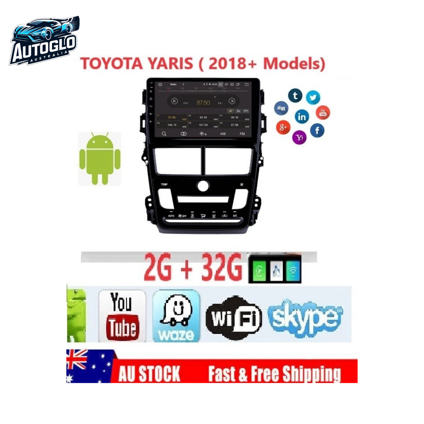 Autoglo Australia 9" CarPlay Android 13 GPS BT WiFi 2GB+32GB Stereo For TOYOTA YARIS (2018+)