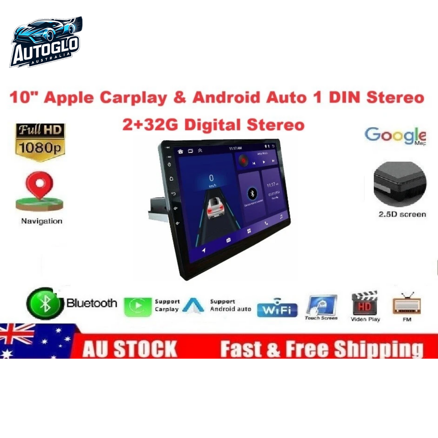 Autoglo Australia 1 DIN 10" Car Stereo Radio Wireless Carplay Android Auto Bluetooth Head Unit GPS