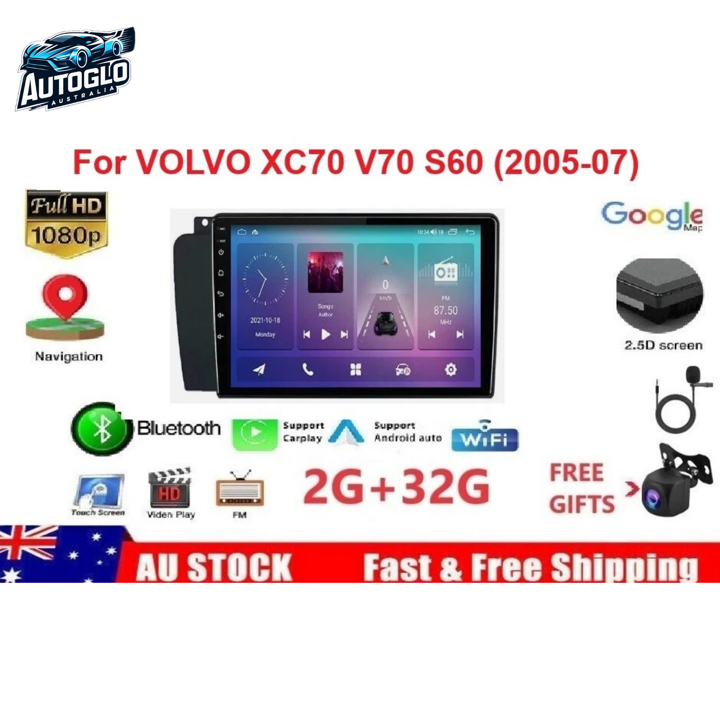 Autoglo Australia 9" Android Carplay BT GPS Stereo for VOVLVO XC70 V70 S60 2GB+32G (2004-13)