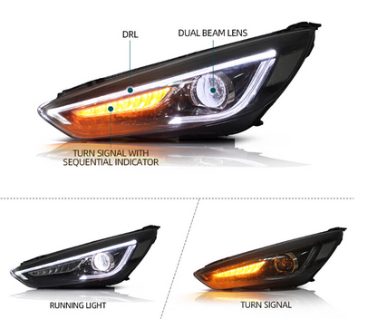 VLAND 2Pcs LED Projector Headlights For 2015-2018 Ford Focus W/Sequential Signal