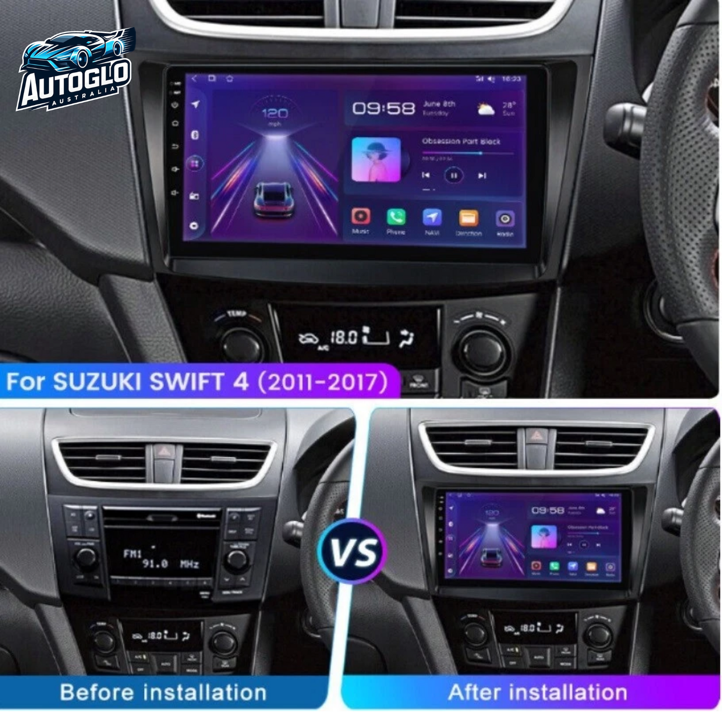 Autoglo Australia 9" (2G+32G) GPS BT WiFi CARPLAY ANDROID Stereo For SUZUKI SWIFT (2010-17)