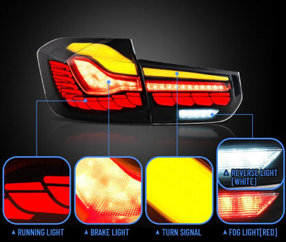 Close-up view of VLAND LED Tail Lights for BMW 3 Series F30 showcasing start-up animation running ligh