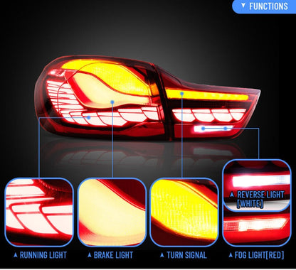 Close-up of VLAND LED Tail Lights for BMW M4 F82, F83, F32, F36 (2013-2020), showcasing start-up animation running light