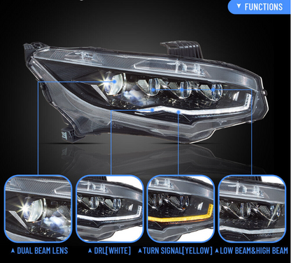 VLAND Full LED Headlights For Honda Civic 2016-2021 With Blue Start up Animation