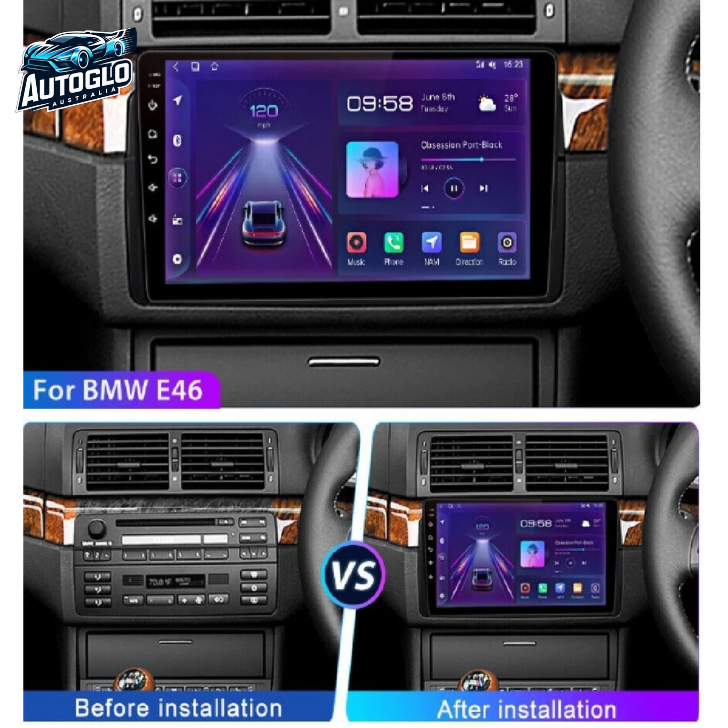 Autoglo Australia 9" (2G+32G) GPS BT WiFi CARPLAY ANDROID 13 Stereo BMW 3 Series E46 (1998-2006)