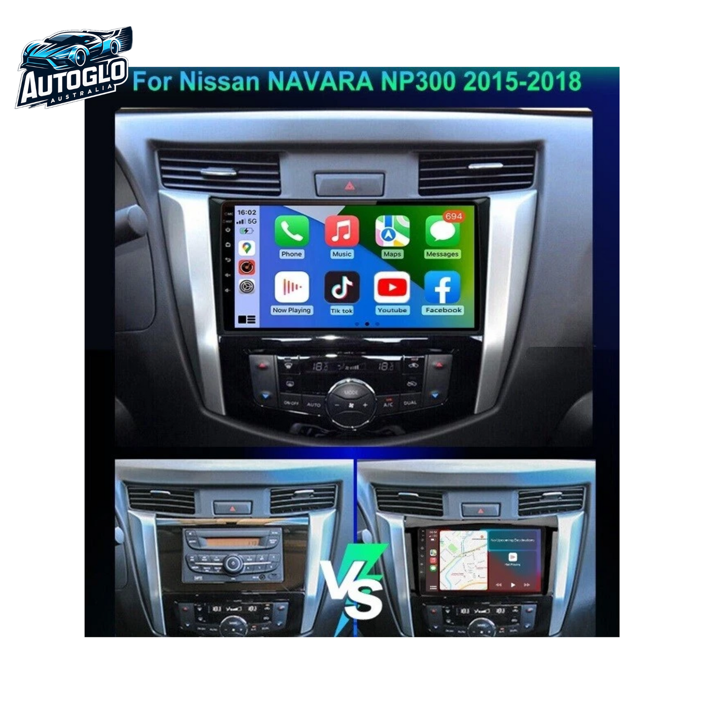Autoglo Australia 9" (2G+32G) GPS BT WiFi CARPLAY ANDROID Stereo For NISSAN NAVARA NP300 (2015-18)