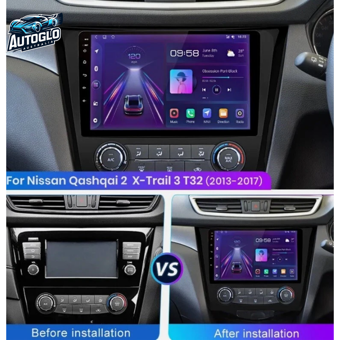 Autoglo Australia 10" Android Carplay BT GPS 32G Stereo for NISSAN QASHQAI 2 X-Trail 3 (2013-17)