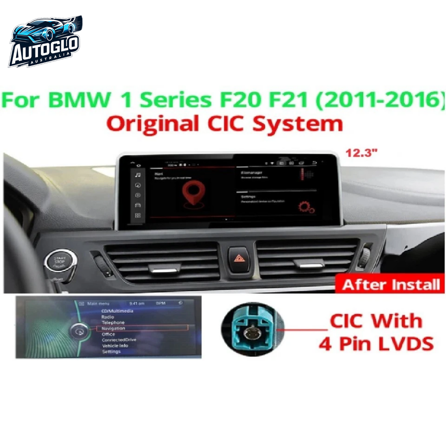 Autoglo AustraliaBMW 1/2 Series F20 NBT 12.3" XL FHD Carplay Android BT GPS 4G Auto Stereo (CIC)