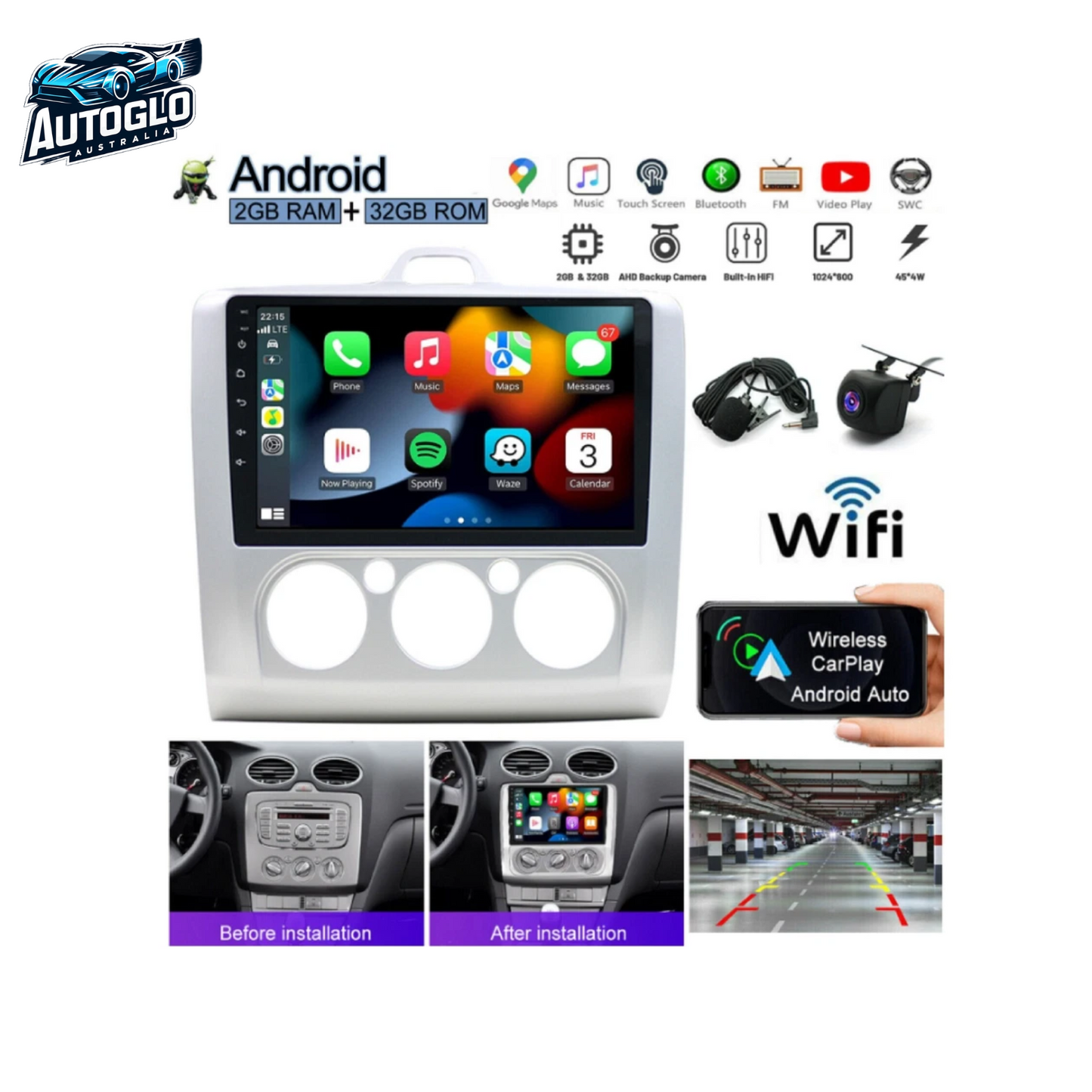 Autoglo Australia 9" (2G+32G) BT WiFi CARPLAY ANDROID Stereo FORD MONDEO FOCUSII (2004-11)