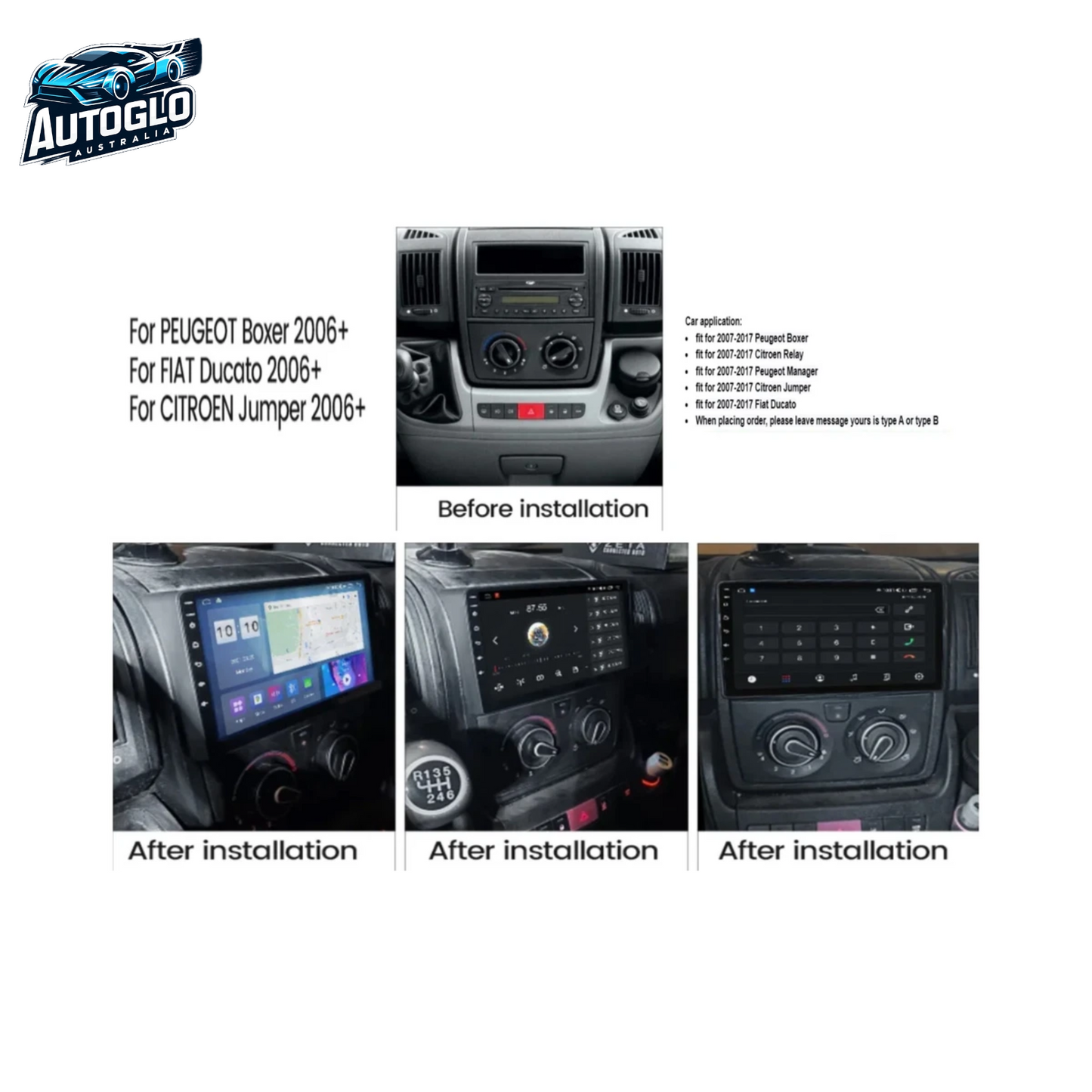Autoglo Australia 9" Android Carplay BT GPS Stereo FIAT DUCATO PEUGEOT BOXER 2GB+32G (2005+)