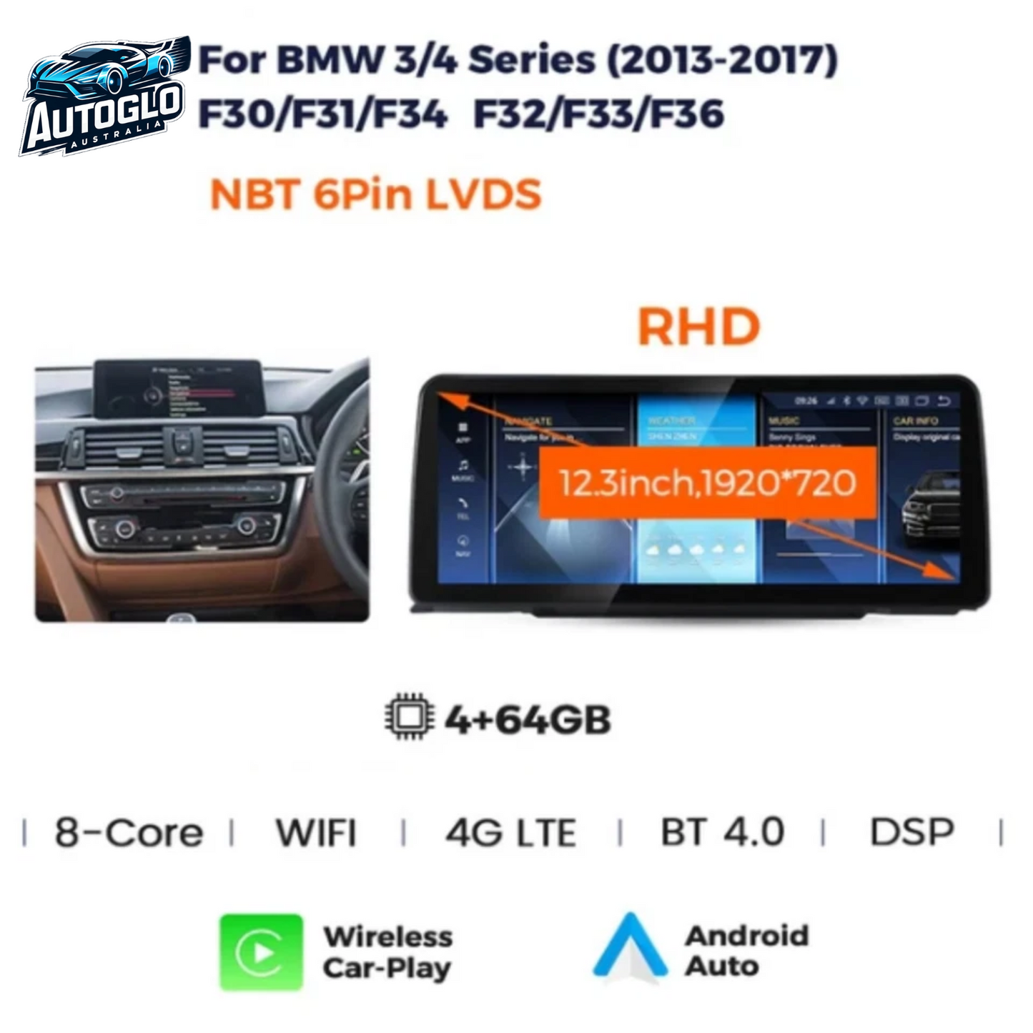 Autoglo Australia BMW 3/4 Series F-Models 12.3" XL FHD Carplay Android BT GPS 4G Auto Stereo (NBT)