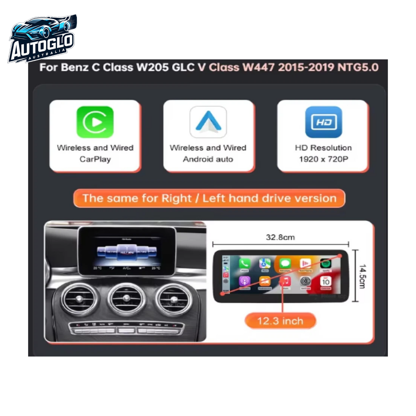 Autoglo Australia MERCEDES BENZ C, GLC, V Cl 12.3" XL FHD Carplay Android BT GPS 4G Stereo (NTG 5)