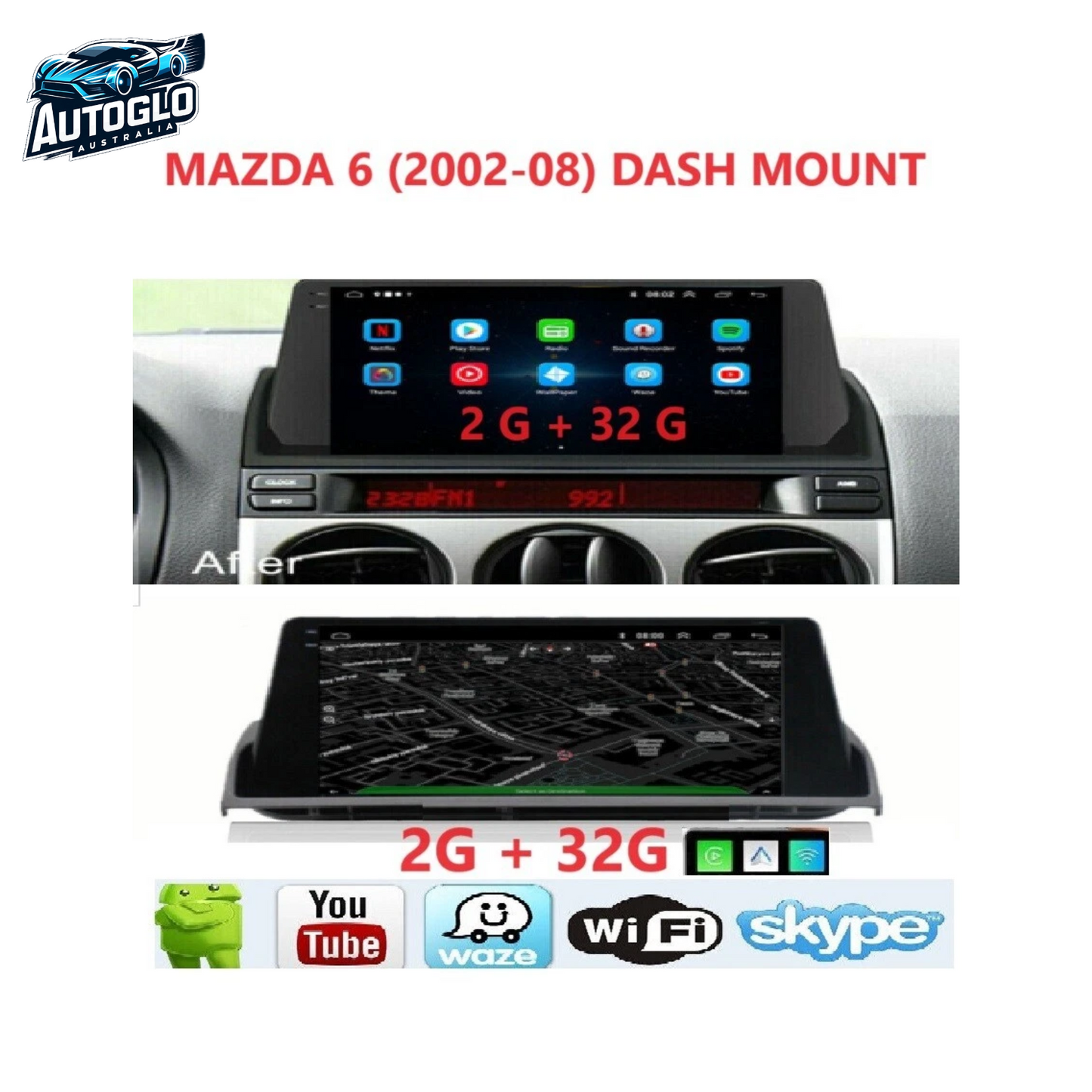 Autoglo Australia 9" CarPlay Android 13 GPS BT WiFi Stereo For MAZDA 6 (2005+ Models) 2GB+32GB