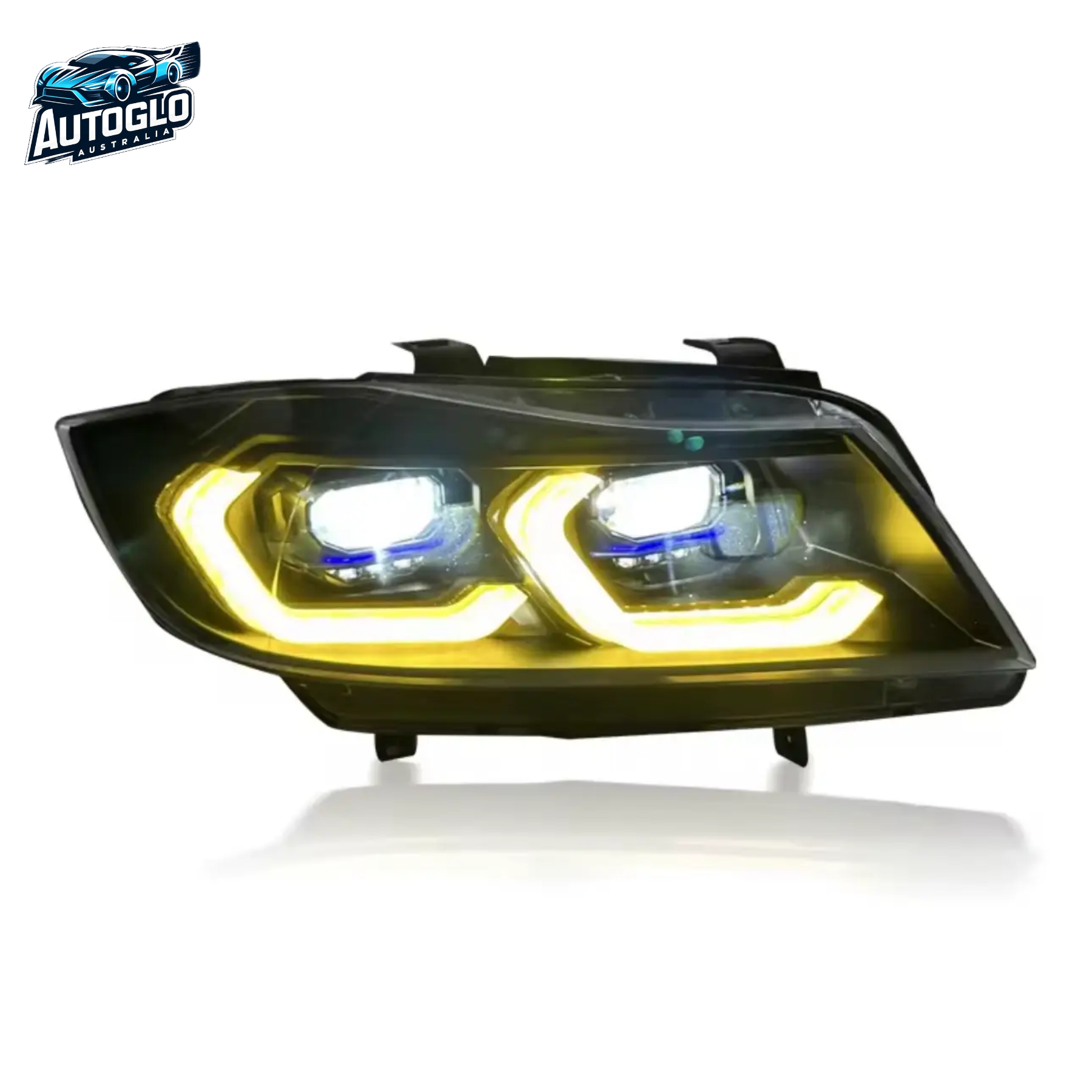 Car headlight with yellow and white lights on a white background, featuring Autoglo logo.