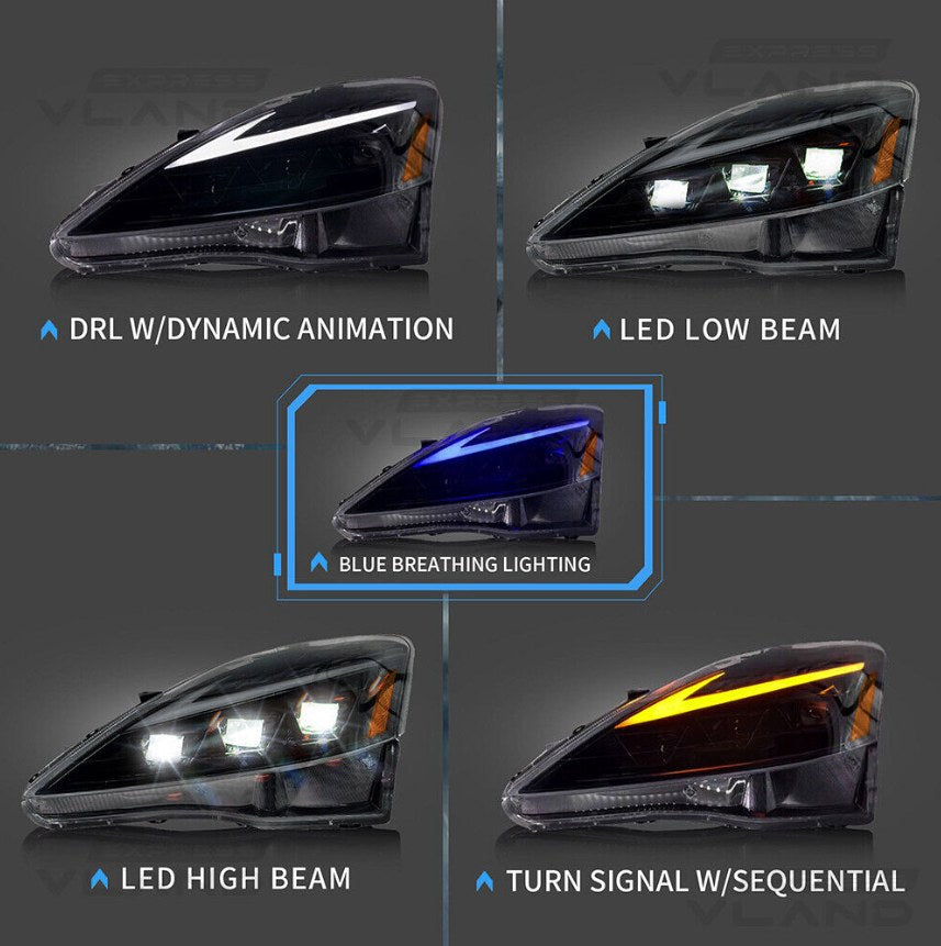 LED Projector Headlights For 2006-2013 Lexus IS250 IS350 ISF Dynamic Blue DRL