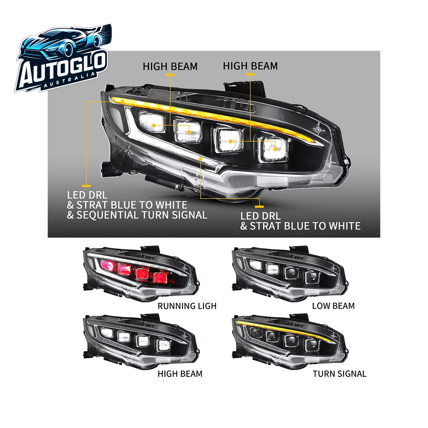 VLAND LED Projector Headlights For 10th Gen Honda Civic Sedan / Coupe / Hatchback / Type R 2016-2020 With Start-up Animation