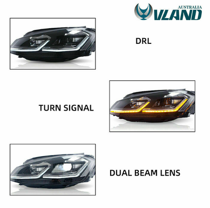 VLAND LED Projector Headlights For 2017-2020 Volkswagen VW MK7.5 Front Lamp 2Pcs