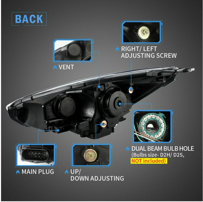 VLAND 2Pcs LED Projector Headlights For 2015-2018 Ford Focus W/Sequential Signal
