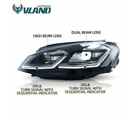 VLAND LED Projector Headlights For 2017-2020 Volkswagen VW MK7.5 Front Lamp 2Pcs