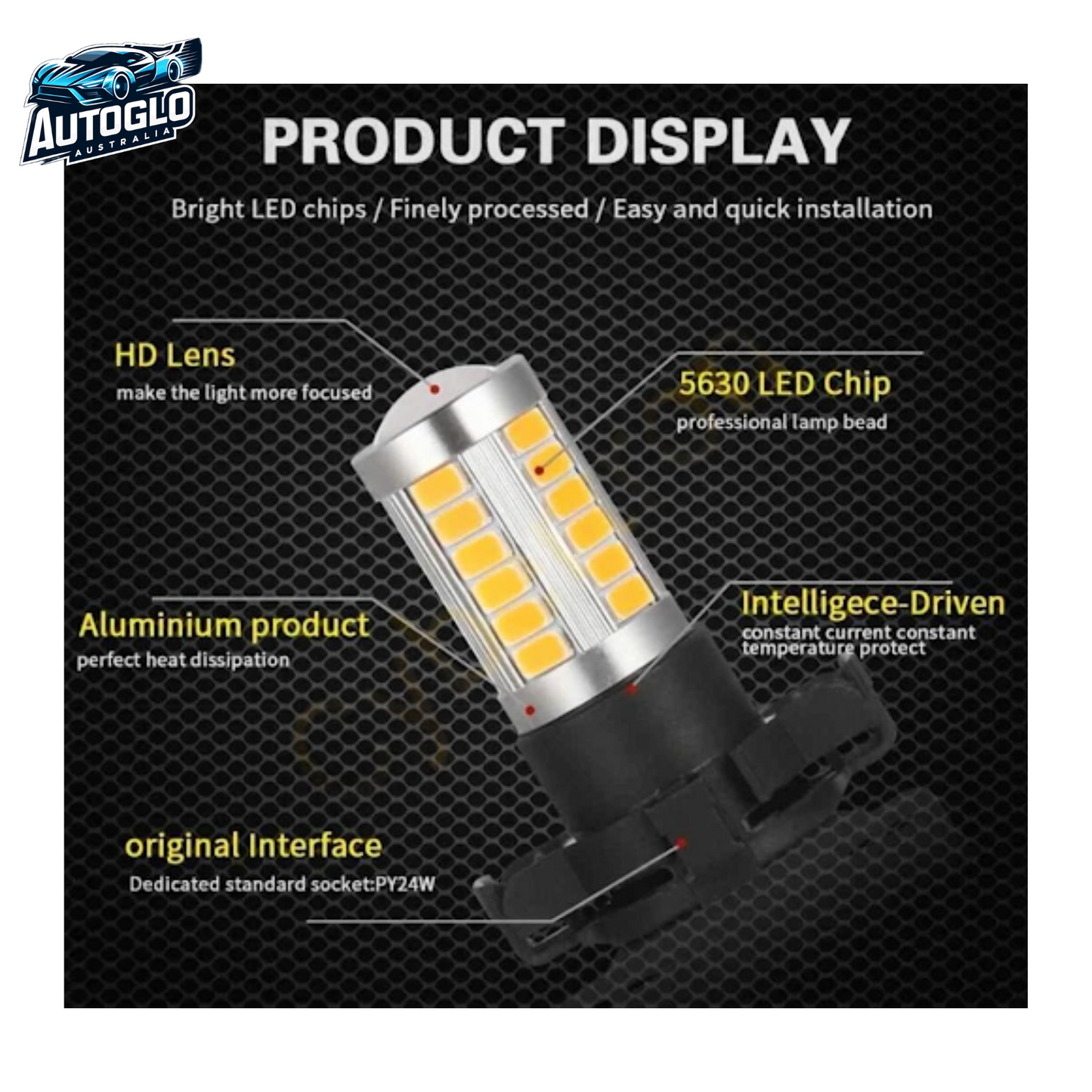 Autoglo Australia2PC Amber Yellow Error Free PY24W 5200s LED Bulbs Turn Signal for BMW Volvo