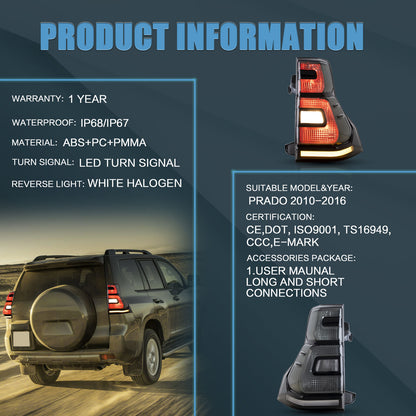 Package Contents: Pair of Smoked Lens LED Tail Lights for Toyota Land Cruiser Prado