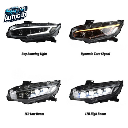 Autoglo Australia LED Headlights For Honda Civic 2016-2021 10th Gen Mustang Style DRL Start UP Animation