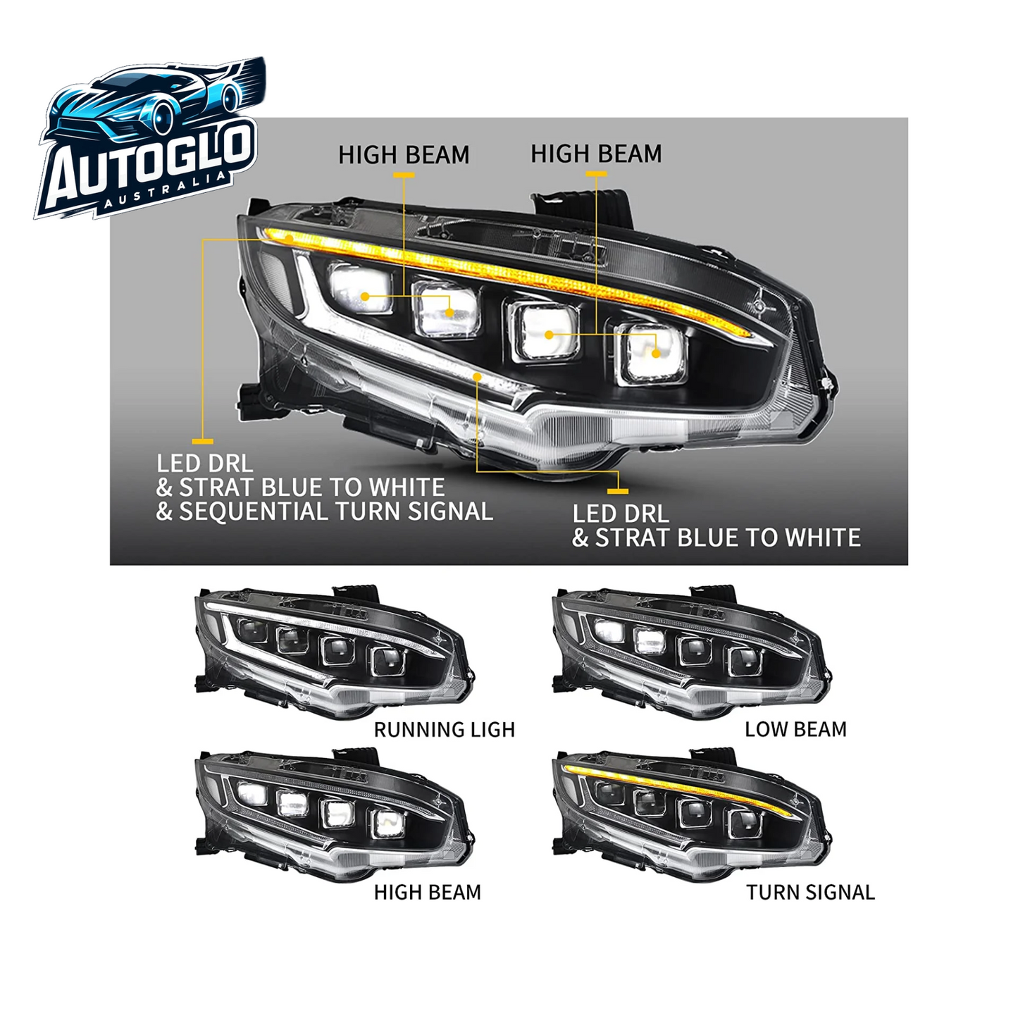 VLAND LED Projector Headlights For 10th Gen Honda Civic Sedan / Coupe / Hatchback / Type R 2016-2020 With Start-up Animation