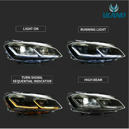 VLAND LED Projector Headlights For 2017-2020 Volkswagen VW MK7.5 Front Lamp 2Pcs