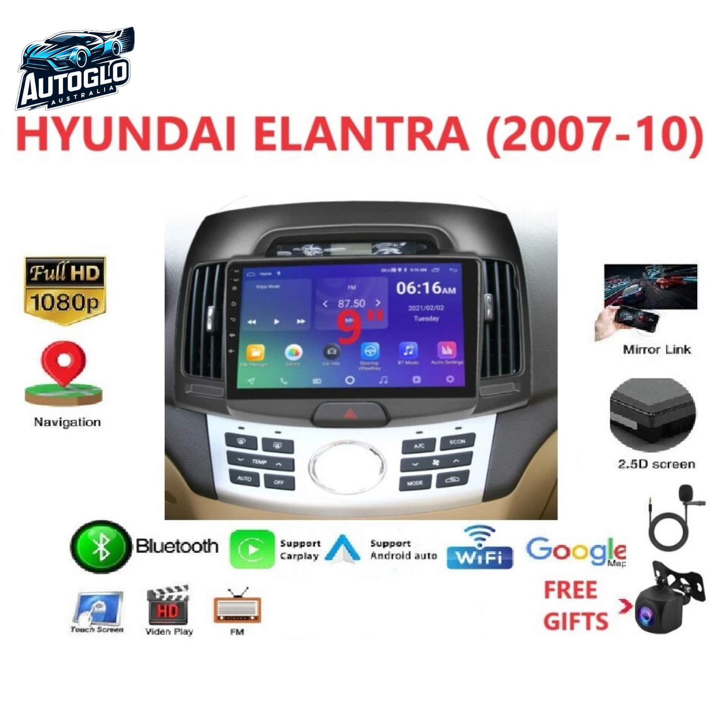 Autoglo Australia 9” Android Carplay GPS BT Stereo For Hyundai Elantra (2006-10) Mic + Rev Cam.